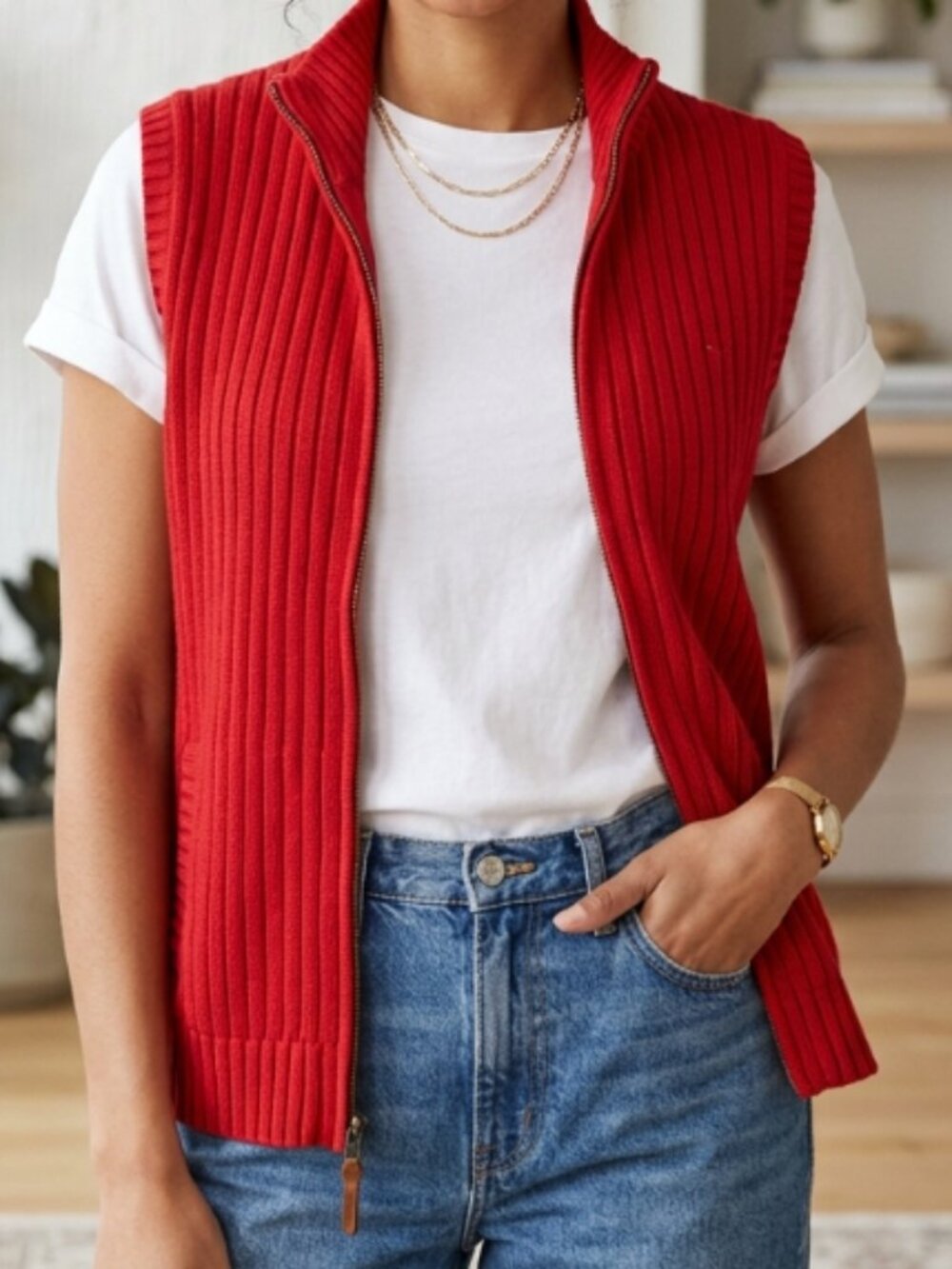 Lauren Ralph Lauren Red Ribbed Knit Vest L Mock Neck Zip Preppy Quiet Luxury